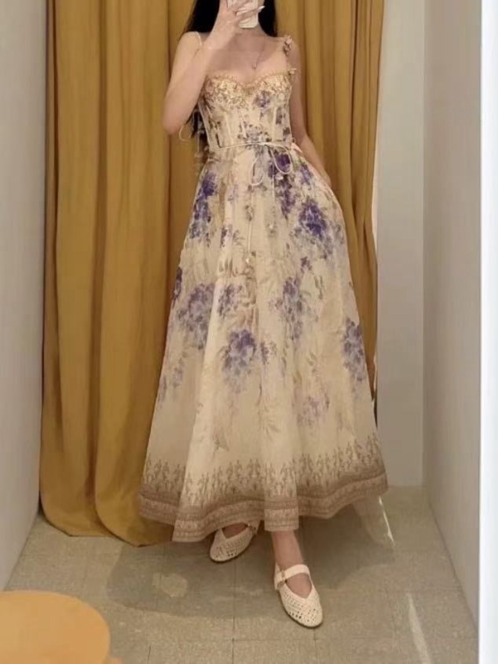 Zimmermann Floral Print Cream Maxi Dress with Purple Accents